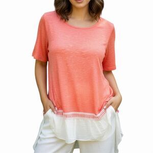 Howdy Darlin’ Women's Coral Pink‎ Crewneck Ruffle Hem Short Sleeve Top